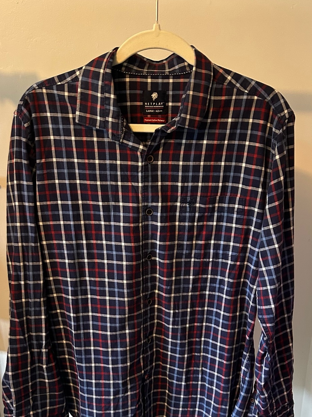 Men's Navy & Red Plaid Casual Button-Down Shirt